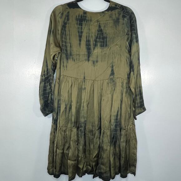 FARA RUNE MINI DRESS OLIVE TIE DYE Satin Size SM Long Sleeve Tiered Boho Beach - Picture 2 of 13